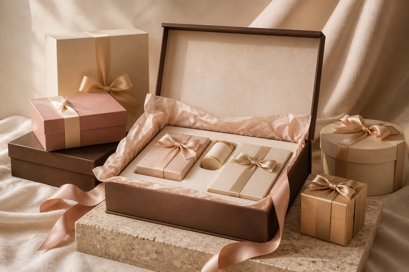 Illustrative arrangement of unbranded custom gift packaging