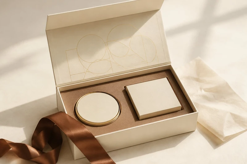 Open cream gift box with coordinated inserts, gold detailing and a brown ribbon