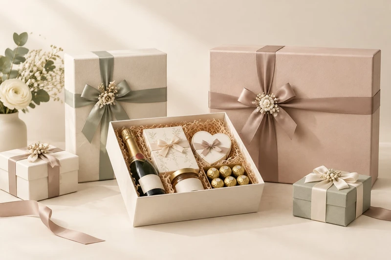Refined wedding and event gift boxes with ribbon details